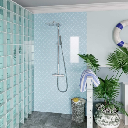 Scallop Blue Acrylic Showerwall in a shower
