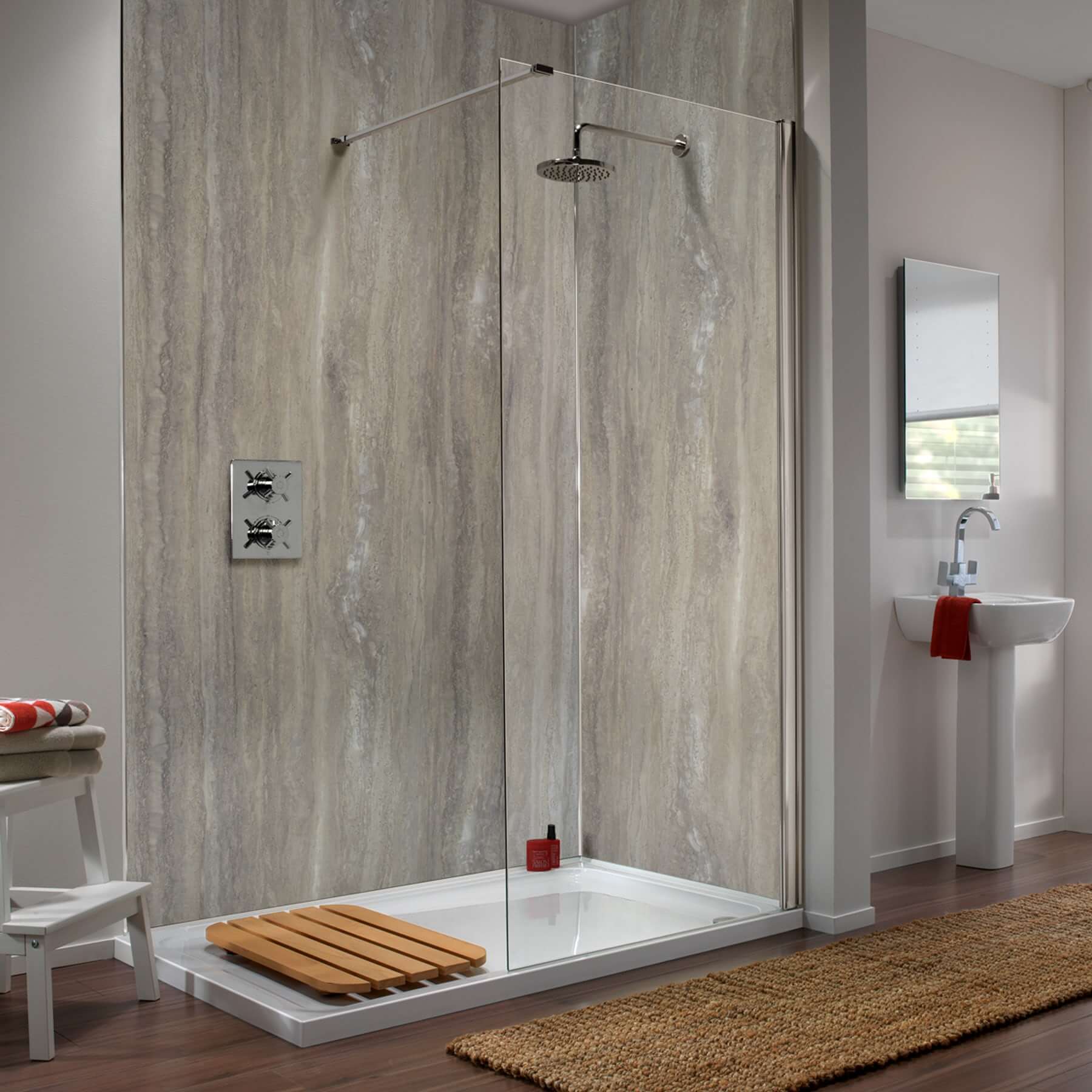 Blue Toned Stone Showerwall SW55 Waterproof Panels Free Delivery   Silver Travertine Showerwall Bathroom 1 